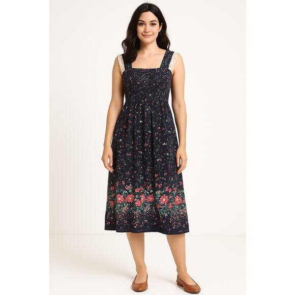 Vintage 70s The Fig Leaf Floral Smocked Cottagecore Prairie Midi Cotton Dress XS - Picture 1 of 16